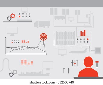Dashboard and man. Minimal impact of the human factor. Logistics icons