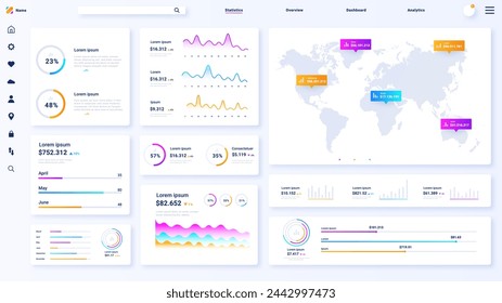 Dashboard panel white poster. Infographics and educational materials, statistics. Scheme and structure. Data visualization. Cartoon neon vector illustration isolated on white background svg