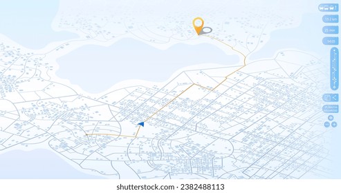 Dashboard with satellite, location and roadmap. Interface for navigation. Big data in modern city. Abstract city. Futuristic gps map navigator system, direction path, location tracks dashboard. Vector