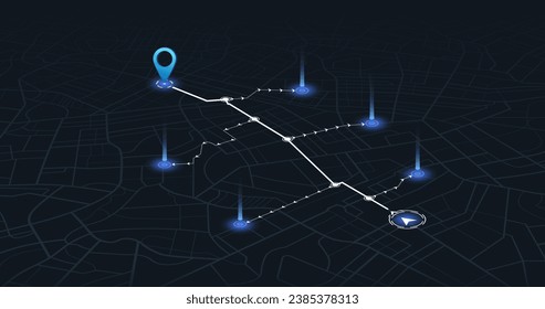 Dashboard with satellite, location and roadmap for navigation. Big data in modern city. Abstract city. Futuristic gps map navigator system, direction path, location tracks dashboard. Vector