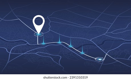 Dashboard with satellite, location and roadmap for navigation. Big data in modern city. Abstract city. Futuristic gps map navigator system, direction path, location tracks dashboard. Vector