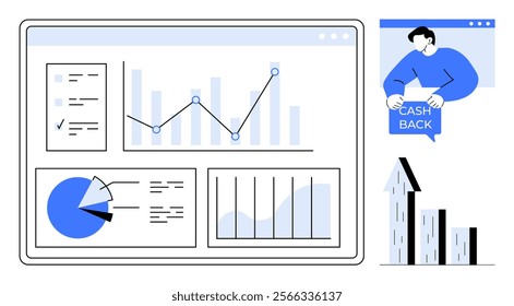 A dashboard screen displays various types of graphs and charts including line, pie, and bar charts. An individual holds a cashback sign above growth bars. Ideal for finance, analytics, business