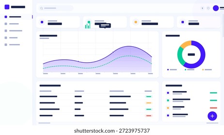 Um painel de controle é visto com gráficos e gráficos que mostram tendências de dados e métricas de desempenho. O layout tem seções escuras e claras com gráficos coloridos para fácil compreensão.