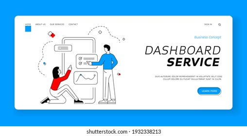 Dashboard service banner template. Vector illustration of linear man and woman pointing at modern smartphone screen and analyzing graphs while working with data