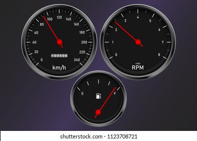 Dashboard set with speedometer, rpm gauge and fuel level. Vector eps10.