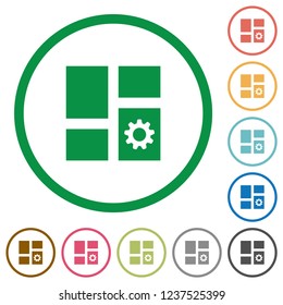 Dashboard settings flat color icons in round outlines on white background
