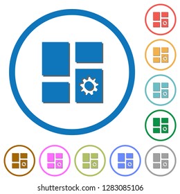 Dashboard settings flat color vector icons with shadows in round outlines on white background