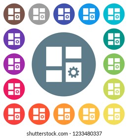 Dashboard settings flat white icons on round color backgrounds. 17 background color variations are included.