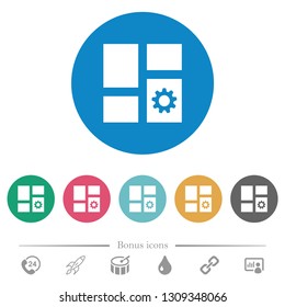 Dashboard settings flat white icons on round color backgrounds. 6 bonus icons included.