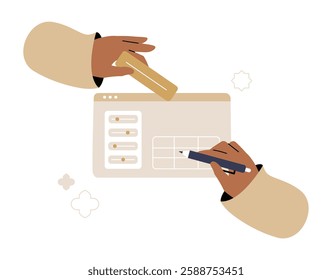 Dashboard Settings With Hands Adjusting Controls. Flat Vector Illustration About User Interface Customization, System Configuration, And Digital Management, Isolated On White Background