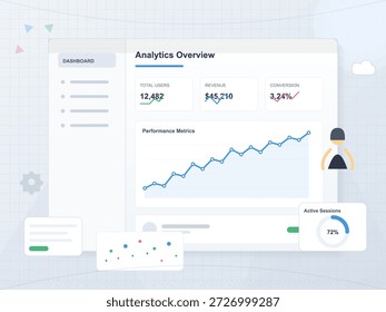 Un panel muestra detalles de análisis que incluyen el total de usuarios, las cifras de ingresos y las tasas de conversión. Los Elementos visuales incluyen gráficos y métricas de rendimiento para obtener información empresarial.