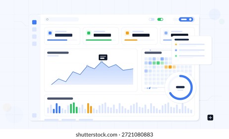 Um painel de controle mostra tendências de dados, gráficos e métricas em um layout claro. Gráficos e estatísticas ajudam os usuários a controlar o desempenho ao longo do tempo e tomar decisões conscientes.