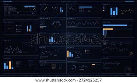 A dashboard shows different charts and graphs that present data analysis. Metrics include line graphs, bar charts, and circular diagrams. The layout is organized for easy viewing.