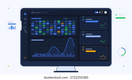 A dashboard shows various charts and graphs representing data analysis. It features colorful elements and real-time updates. The screen displays different statistics and visualizations.