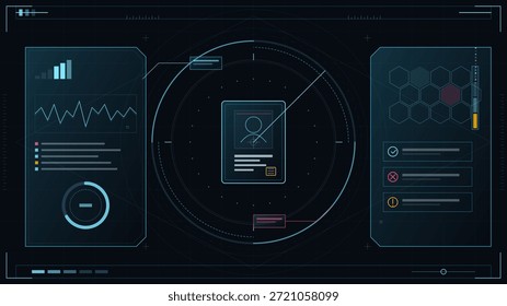 Un panel muestra varias métricas de datos, incluidos gráficos y alertas. El diseño incluye círculos y líneas que conectan diferentes puntos de datos. Esta escena se encuentra en un espacio digital utilizado para el análisis.