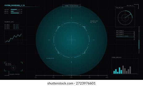 A dashboard shows various data metrics and analysis tools on a dark background. Details include graphs, time stamps, and system data. The focus is on technology and information.