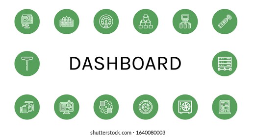dashboard simple icons set. Contains such icons as Action camera, High score, Dashboard, Server, Engine, Barometer, Fan, Wiper, can be used for web, mobile and logo