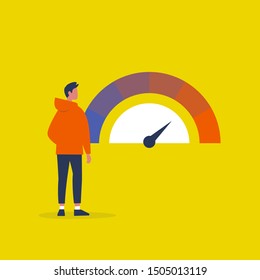 Dashboard. Speed limit. Young male  character looking at the speedometer. Controlling the process. Business concept. Decision making. Flat editable vector illustration, clip art