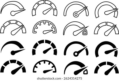 Dashboard speedometer flat and outline icon set. Performance indicator with arrows sign. Internet speed, gauge, tachometer, scale. Credit score vectors. Risk levels isolated on transparent background.