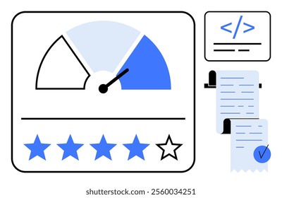 Dashboard with a speedometer gauge, five-star rating system four filled, and two scroll documents with a check mark and code snippet. Ideal for user feedback, performance metrics, web development