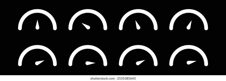    Dashboard speedometer icons. Indicator level vector icon illustration. Gauge, dashboard, tachometer, scale. Speedometer icon with arrow.