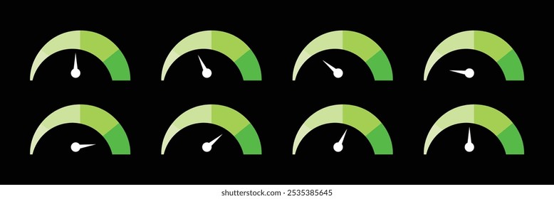    Dashboard speedometer icons. Indicator level vector icon illustration. Gauge, dashboard, tachometer, scale. Speedometer icon with arrow.