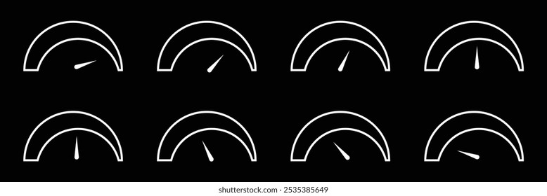    Dashboard speedometer icons. Indicator level vector icon illustration. Gauge, dashboard, tachometer, scale. Speedometer icon with arrow.