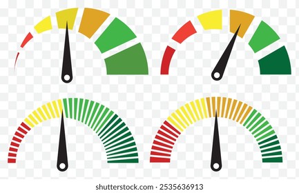 Dashboard speedometer icons set. Tachometer icon isolated. Performance indicator sign. Car speed. Fast internet speed sign. Stock flat vector elements. EPS 10.