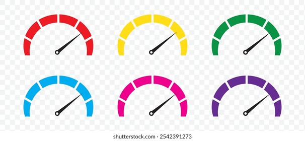 Dashboard-Tachosymbole eingestellt. Tachometersymbol einzeln. Leistungsindikatorzeichen Autogeschwindigkeit. Schnelles Internetgeschwindigkeitszeichen. Stock flache Vektorelemente.