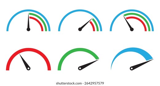 Dashboard speedometer icons set. Tachometer icon isolated. Performance indicator sign. Car speed. dashboard with arrows. Infographic of risk, gauge, score progress eps 10