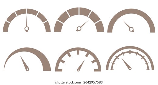 Ícones do velocímetro do painel definidos. Ícone de tacômetro isolado. Sinal do indicador de desempenho. Velocidade do carro. painel com setas. Infográfico de risco, indicador, pontuação andamento eps 10