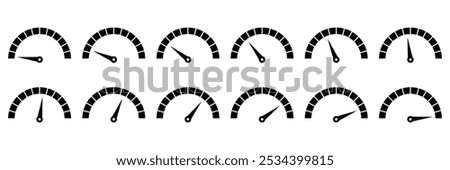Dashboard speedometer icons set. Tachometer icon isolated. Performance indicator sign. Car speed. Fast internet speed sign. Stock flat vector elements.