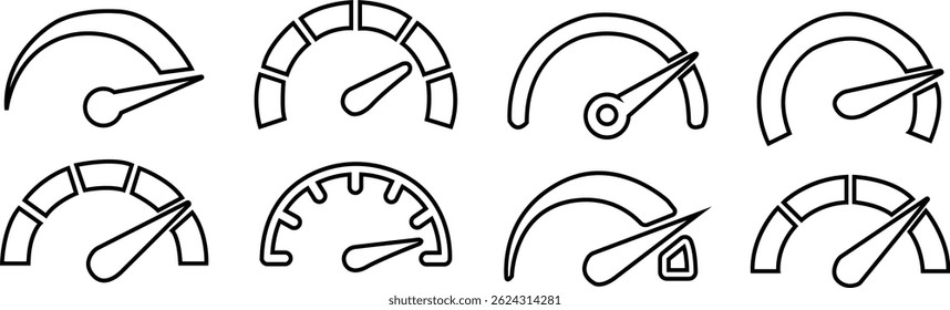 Dashboard speedometer outline icon set. Performance indicator with arrows sign. Internet speed, gauge, dashboard, tachometer, scale. Credit score vector. Risk level isolated on transparent background.