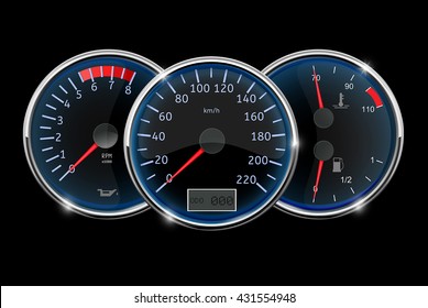 Dashboard - speedometer, tachometer, fuel gauge. Vector illustration on black background