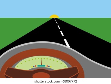 Dashboard and steering wheel on the background of the road receding into the distance beyond the horizon.