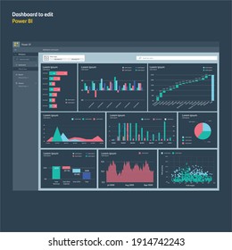 Dashboard template with graphs and diagrams. Data analysis. Power bi app. EPS10