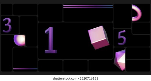 Dashboard-Vorlage für Bildergalerie, Rechteck unter Rahmenwerk. 3D-Neonmetall irisierende Hologramm grafische Elemente in geometrischen Formen als abstrakte Schnittstellendarstellung. Modulares Datenlayout der Bausteine