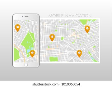 Dashboard theme creative infographic of city map navigation on phone. Vector illustration.
