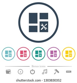 Dashboard tools flat color icons in round outlines. 6 bonus icons included.