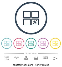 Dashboard tools flat color icons in round outlines. 6 bonus icons included.
