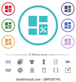 Dashboard tools flat color icons in circle shape outlines. 12 bonus icons included.