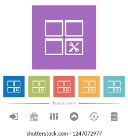 Dashboard tools flat white icons in square backgrounds. 6 bonus icons included.