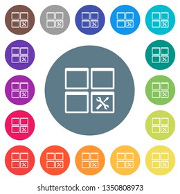 Dashboard tools flat white icons on round color backgrounds. 17 background color variations are included.