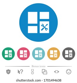 Dashboard tools flat white icons on round color backgrounds. 6 bonus icons included.