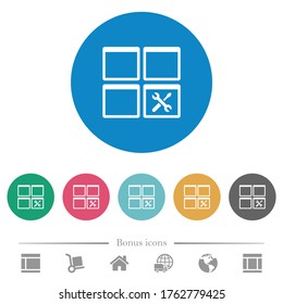 Dashboard tools flat white icons on round color backgrounds. 6 bonus icons included.