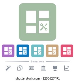 Dashboard tools white flat icons on color rounded square backgrounds. 6 bonus icons included