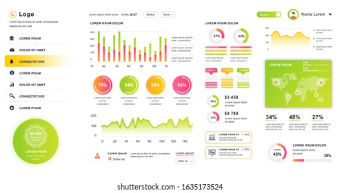 Dashboard UI. Admin panel vector design template with infographic elements, HUD diagram, info graphics. Website dashboard for UI and UX design web page. Vector illustration.