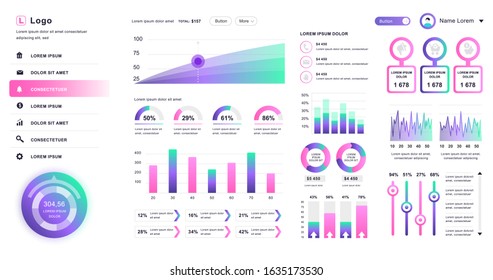 Dashboard UI. Admin panel vector design template with infographic elements, HUD diagram, info graphics. Website dashboard for UI and UX design web page. Vector illustration.