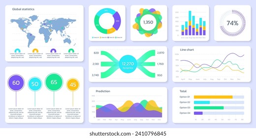 Dashboard, UI design. Data graph, chart, business infographic template. Modern website graphic, financial report, admin panel interface. Vector illustration.