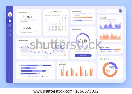 Dashboard. UI infographic, data graphic and chart. Screen with business analytics. Admin statistical software, web interface vector template. Illustration statistical infographic data screen